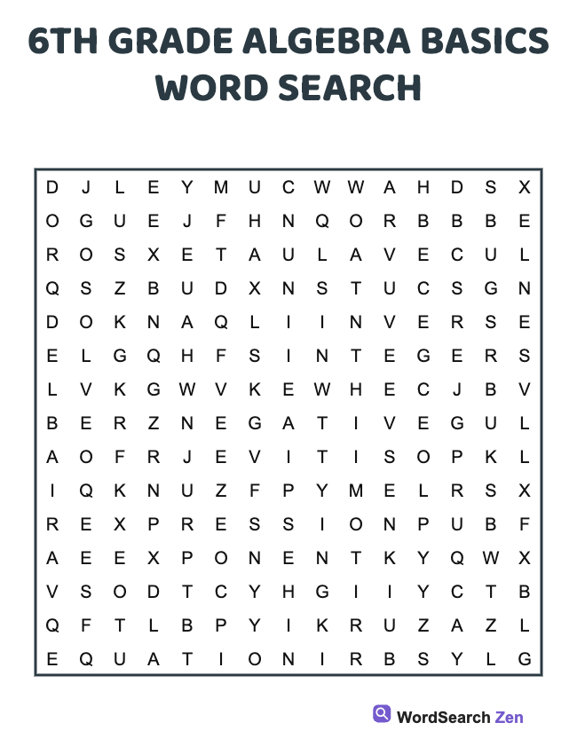 6th Grade Algebra Basics Word Search