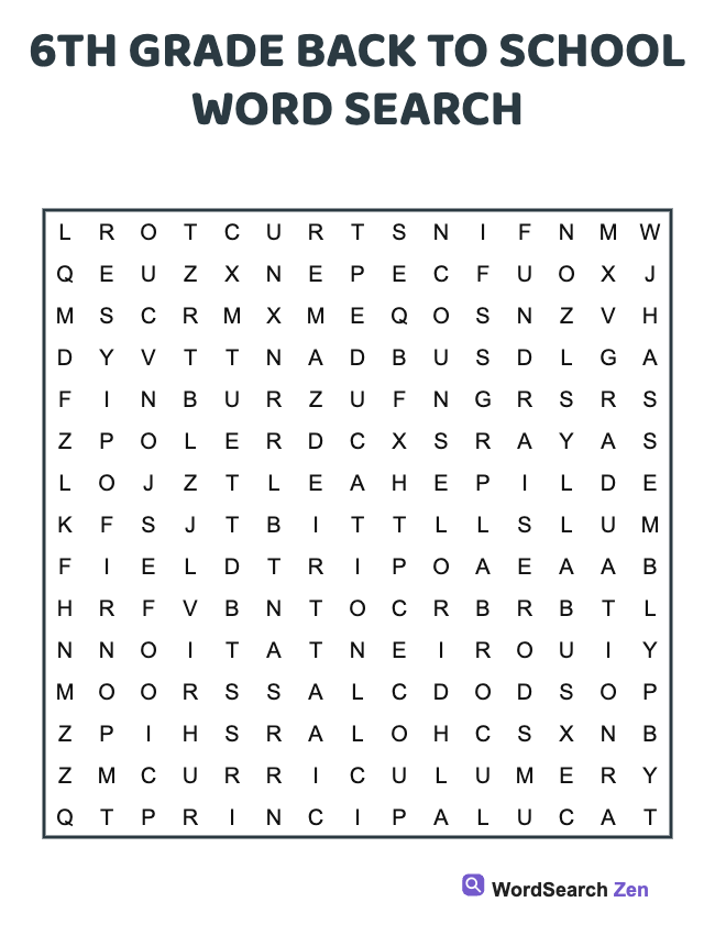 6th Grade Back To School Word Search