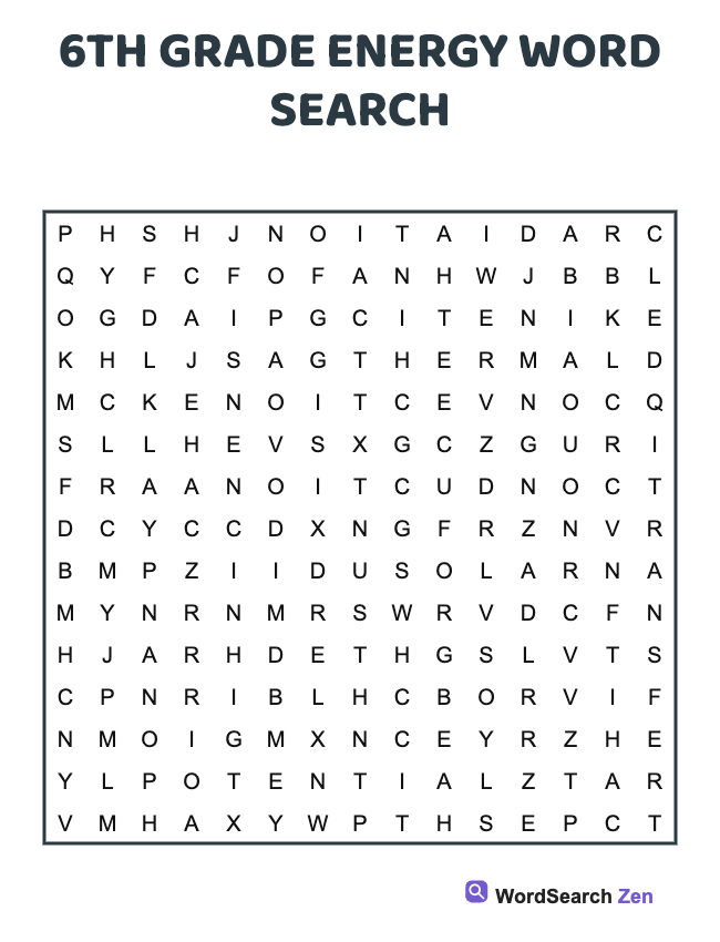 6th Grade Energy Word Search