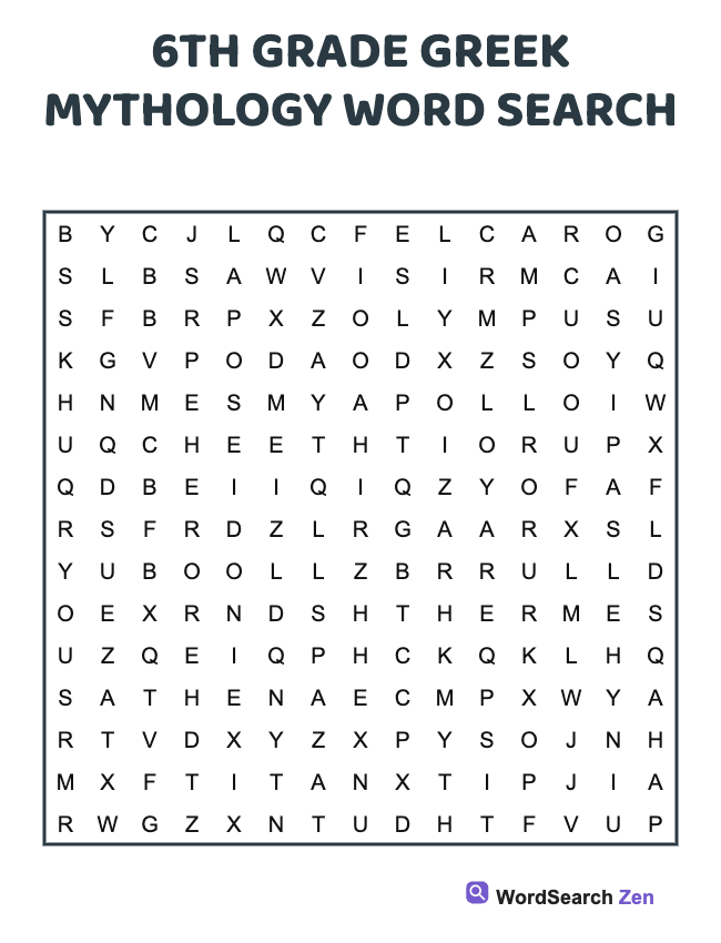 6th Grade Greek Mythology Word Search