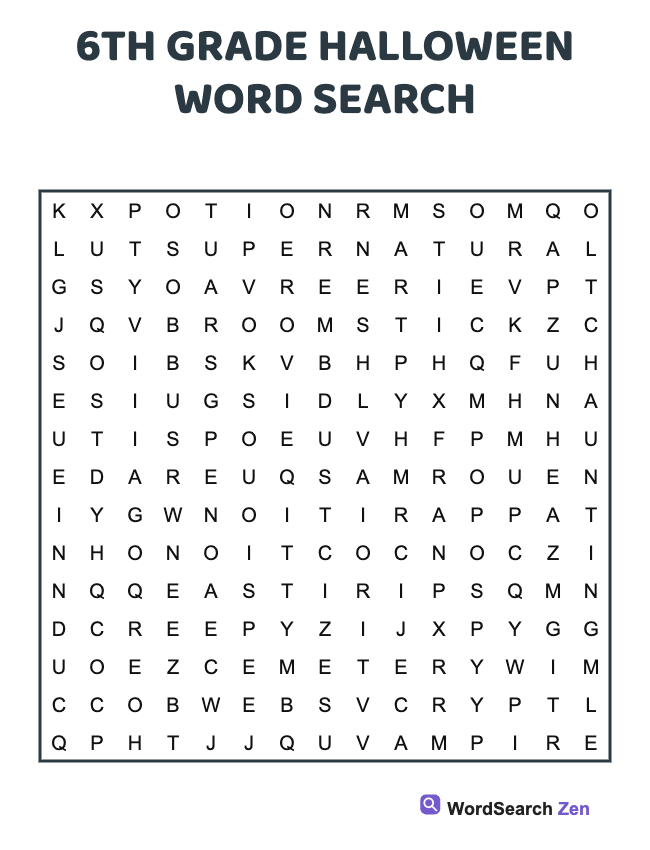 6th Grade Halloween Word Search