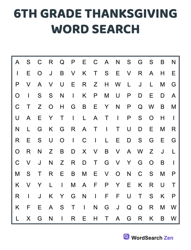 6th Grade Thanksgiving Word Search