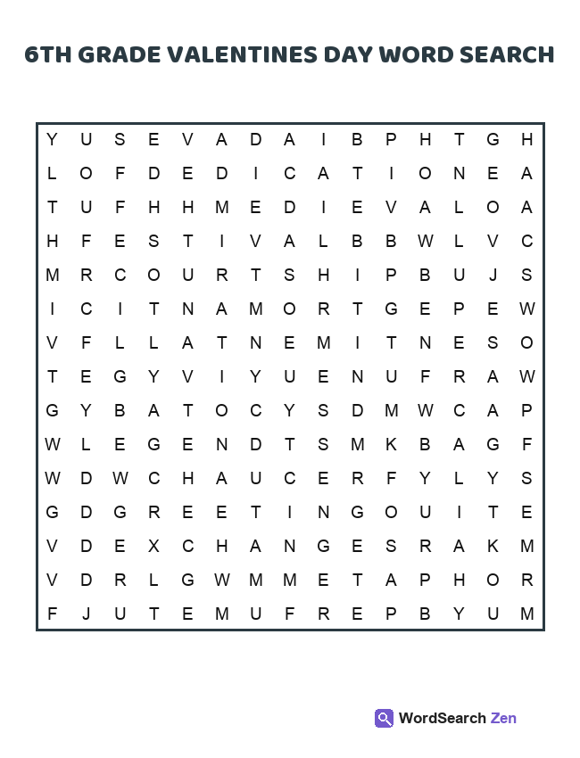 6th Grade Valentines Day Word Search printable puzzle sheet