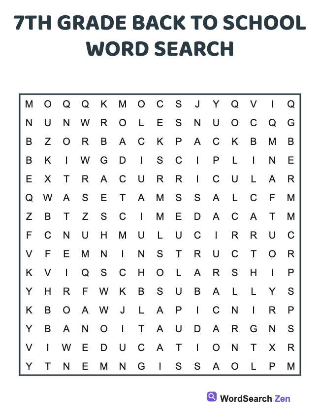 7th Grade Back To School Word Search