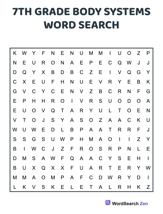 7th Grade Body Systems Word Search
