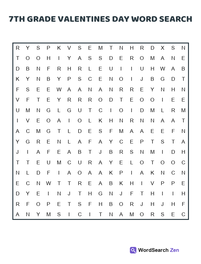 7th Grade Valentines Day Word Search printable puzzle sheet