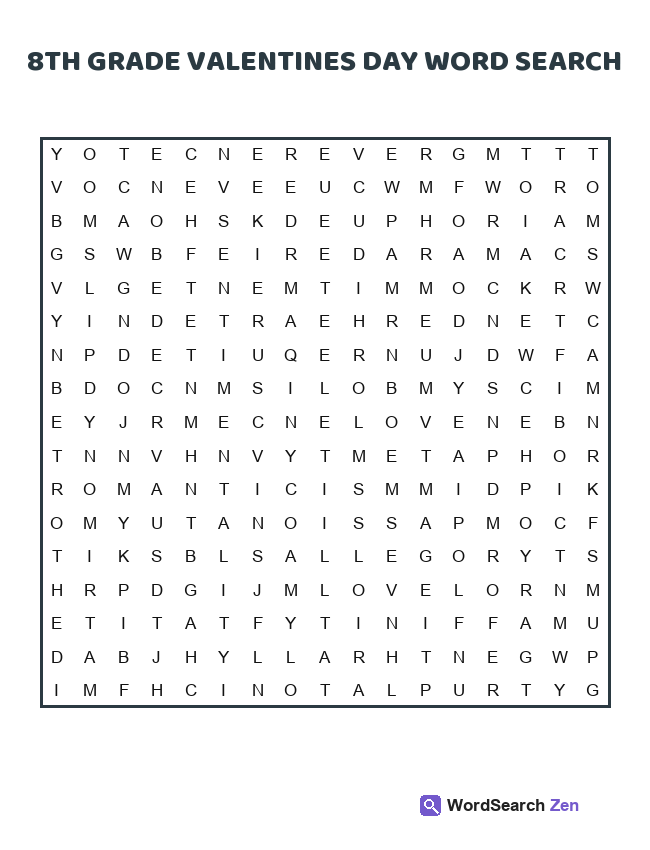 8th Grade Valentines Day Word Search printable puzzle sheet