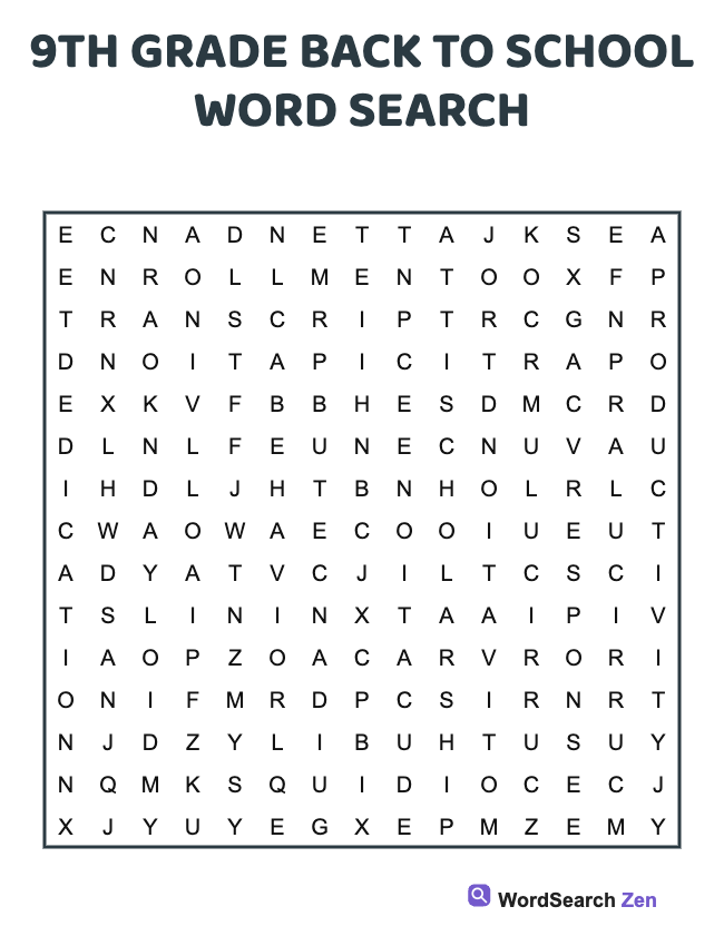 9th Grade Back To School Word Search
