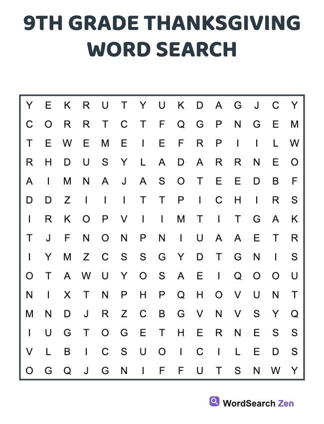 9th Grade Thanksgiving Word Search