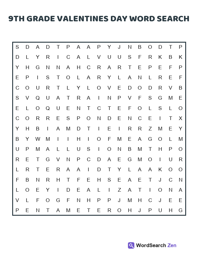 9th Grade Valentines Day Word Search printable puzzle sheet