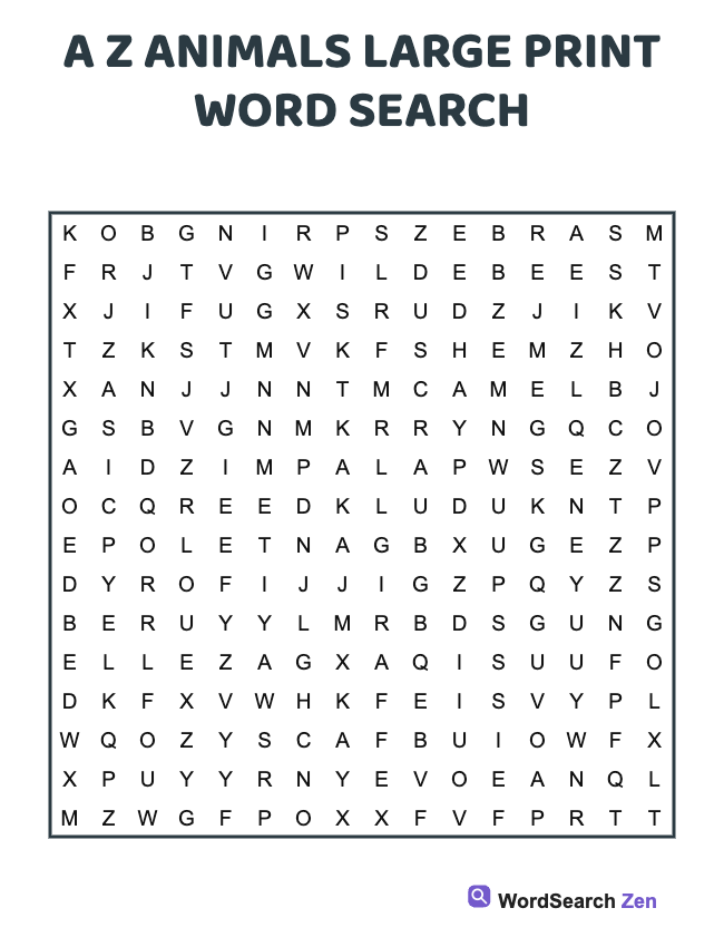 A Z Animals Large Print Word Search