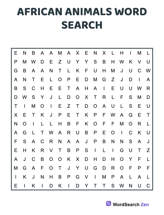 African Animals Word Search