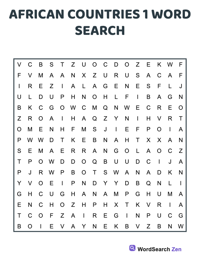 African Countries 1 Word Search