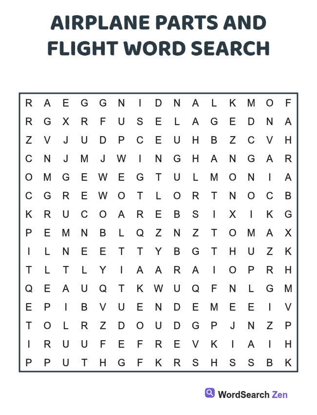 Airplane Parts and Flight Word Search printable puzzle sheet, 15 hidden words