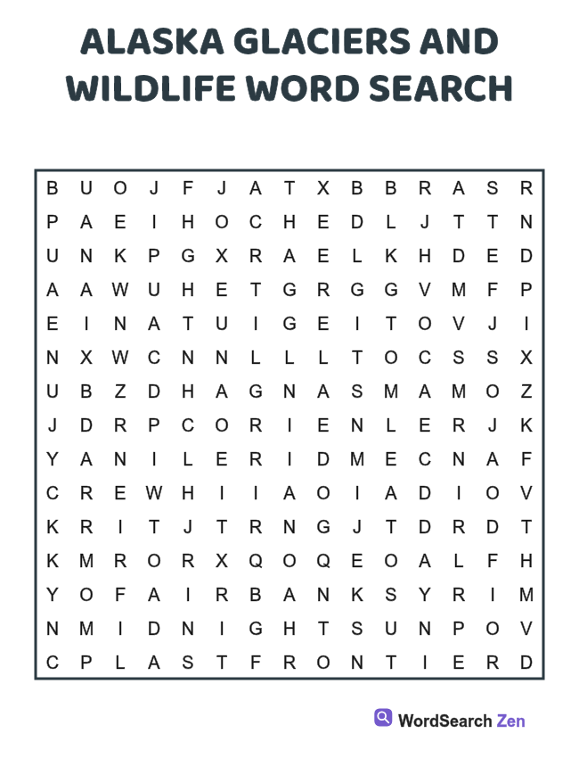 Alaska Glaciers and Wildlife Word Search printable puzzle sheet, 15 hidden words