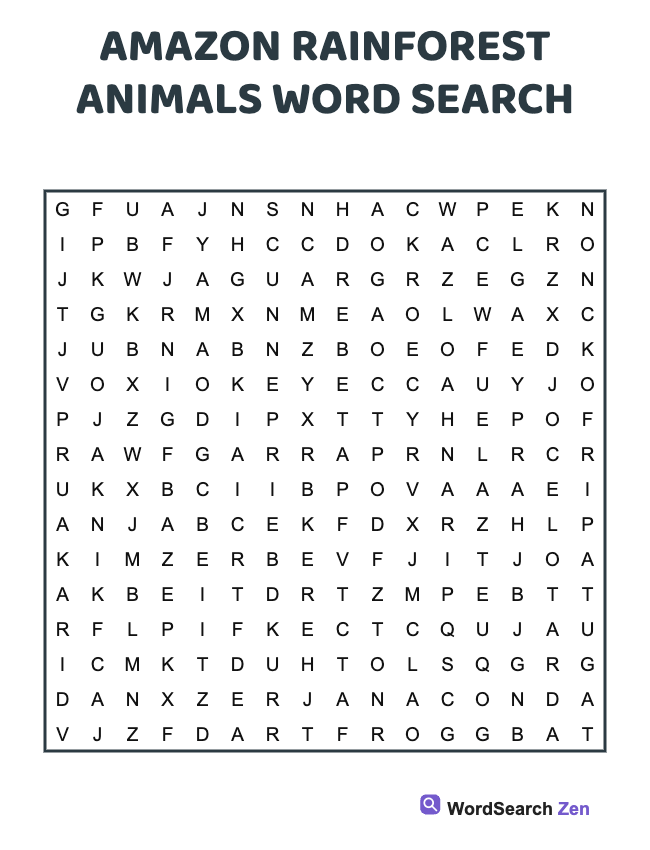 Amazon Rainforest Animals Word Search