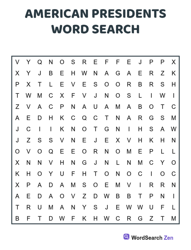 American Presidents Word Search printable puzzle sheet, 15 hidden words