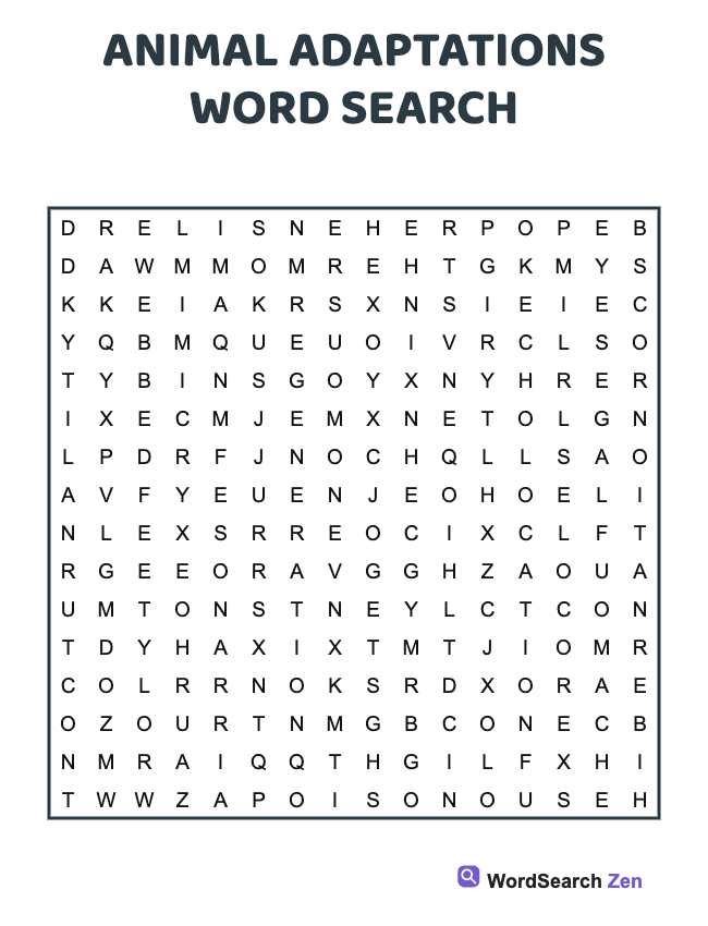 Animal Adaptations Word Search