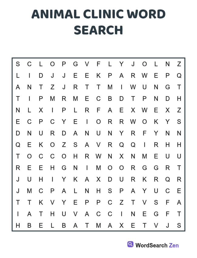 Animal Clinic Word Search printable puzzle sheet