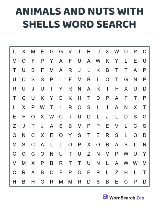 Animals and Nuts with Shells Word Search printable puzzle sheet, 15 hidden words