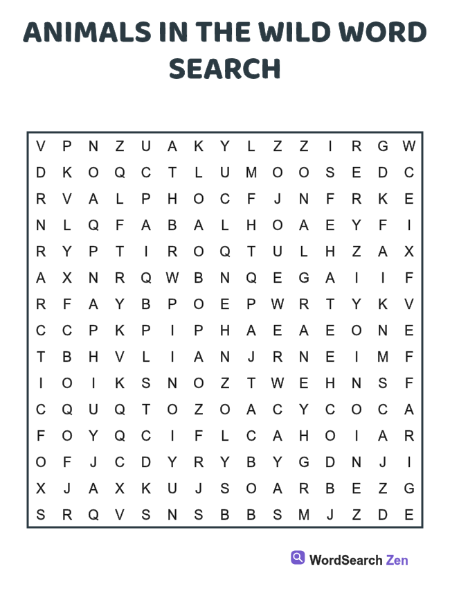 Animals in the Wild Word Search printable puzzle sheet, 15 hidden words