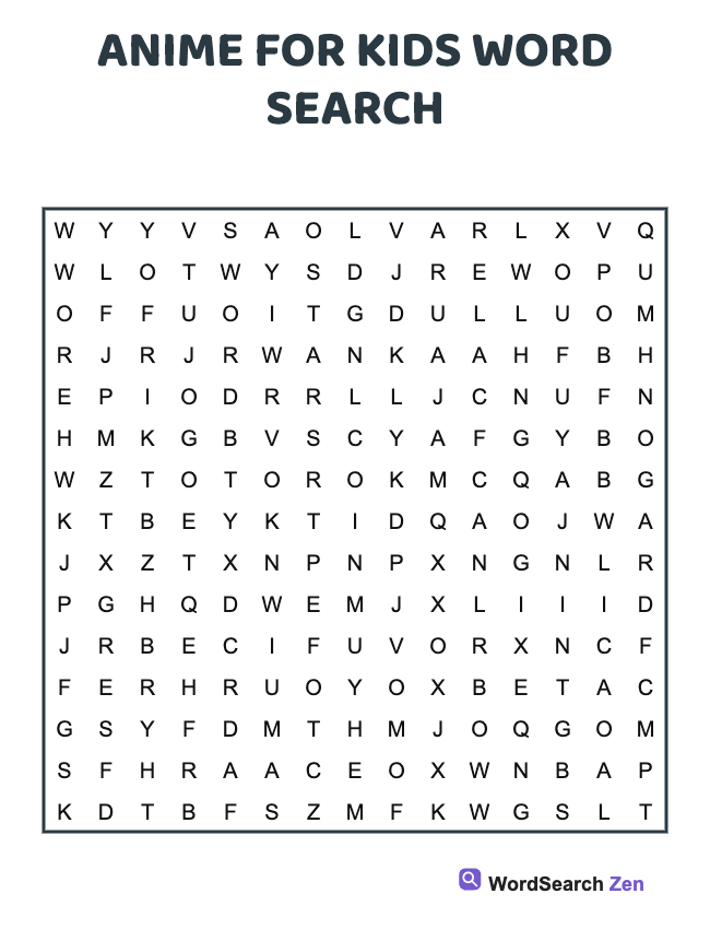 Anime For Kids Word Search