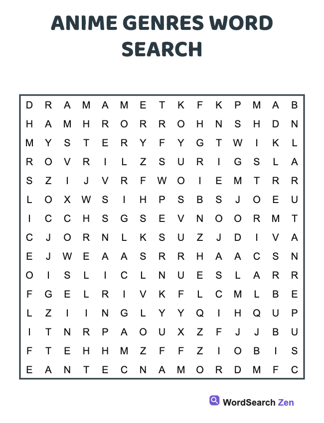 Anime Genres Word Search