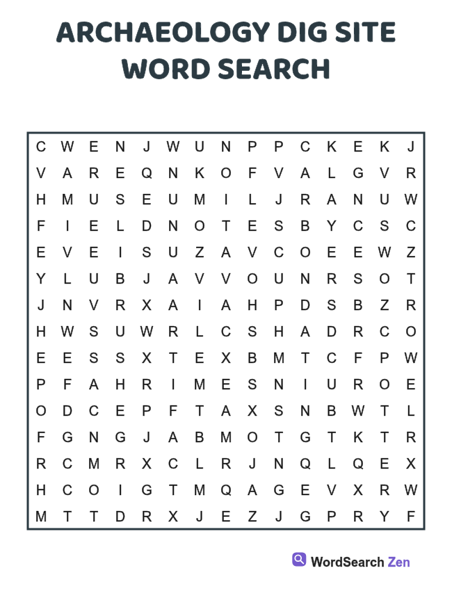 Archaeology Dig Site Word Search printable puzzle sheet, 15 hidden words