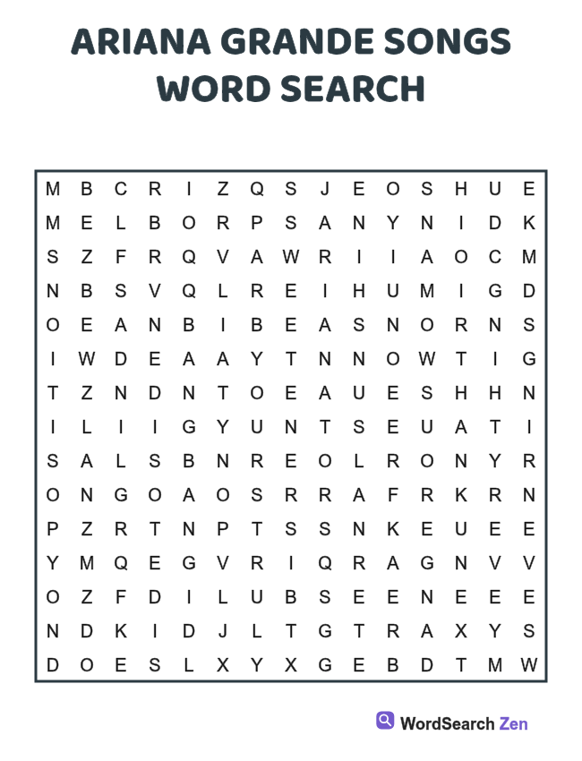 Ariana Grande Songs Word Search printable puzzle sheet, 15 hidden words