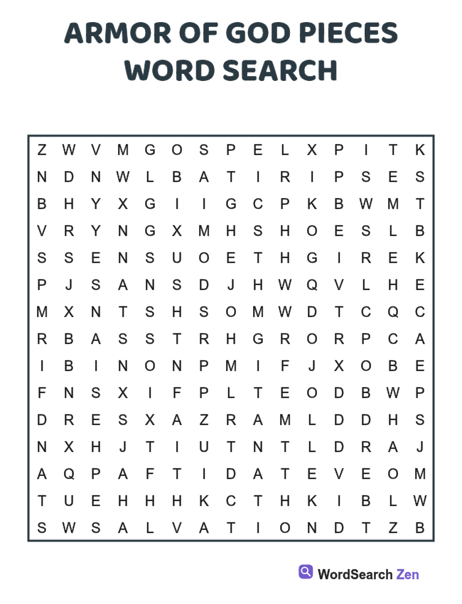 Armor of God Pieces Word Search printable puzzle sheet, 15 hidden words