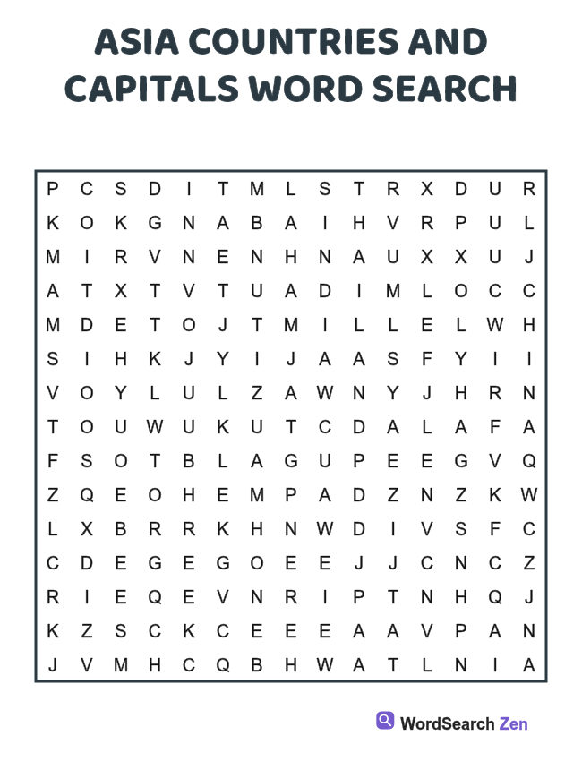 Asia Countries and Capitals Word Search printable puzzle sheet, 15 hidden words