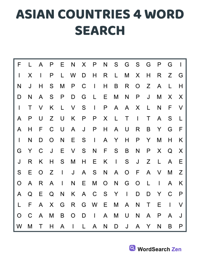 Asian Countries 4 Word Search