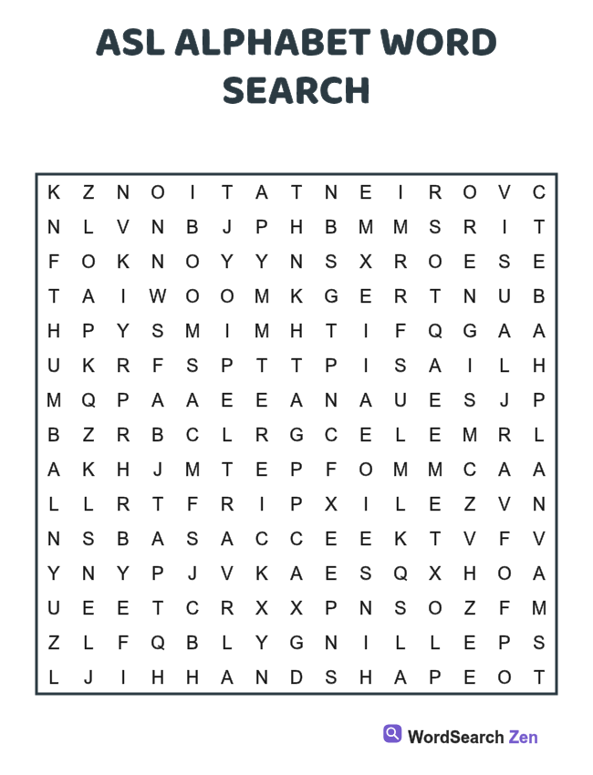 ASL Alphabet Word Search printable puzzle sheet