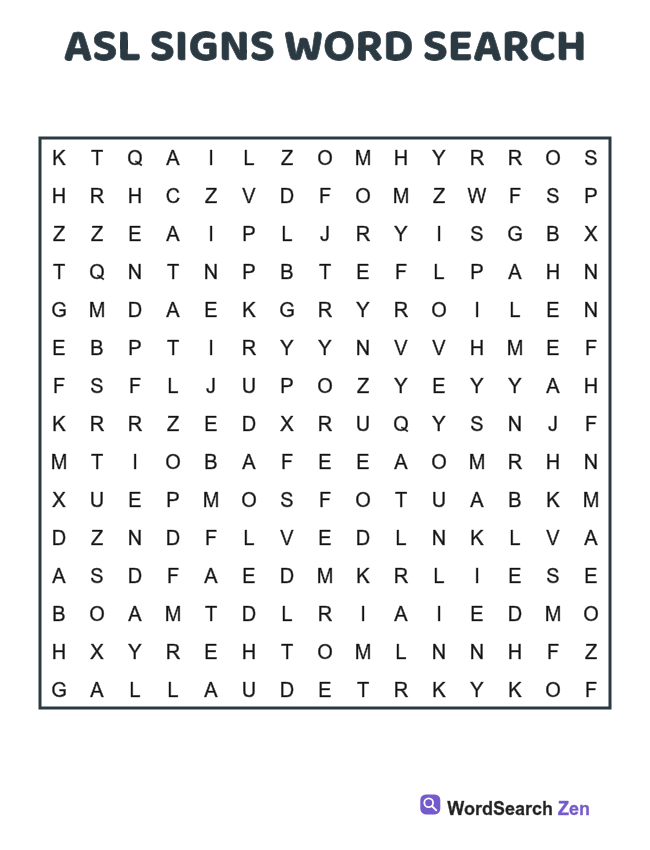 ASL Signs Word Search printable puzzle sheet