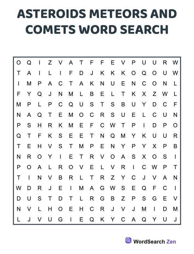 Asteroids Meteors And Comets Word Search