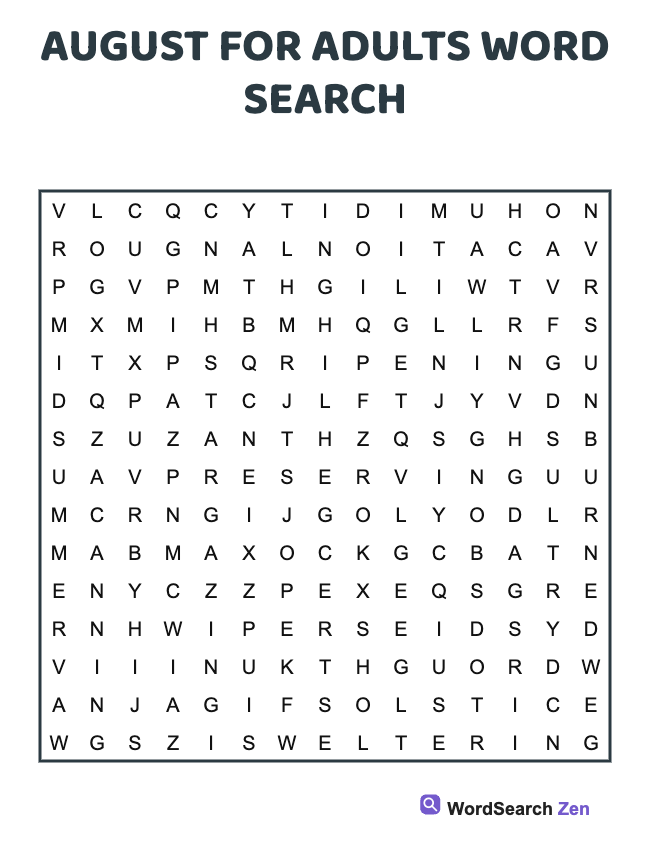 August For Adults Word Search