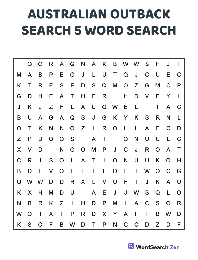 Australian Outback Search 5 Word Search