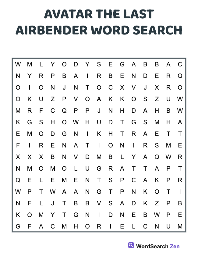 Avatar The Last Airbender Word Search
