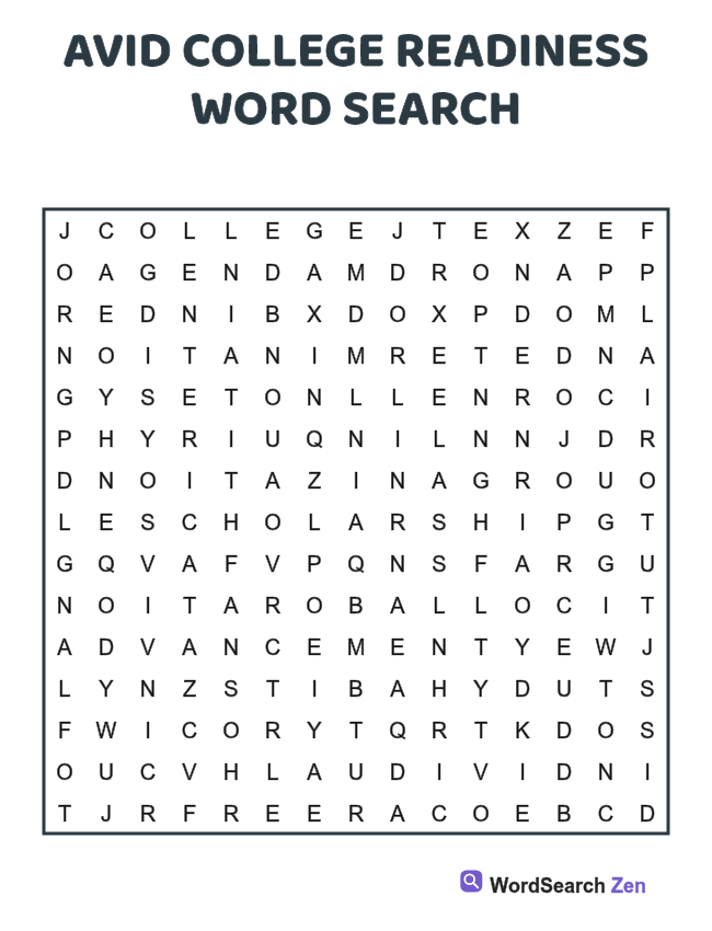 AVID College Readiness Word Search printable puzzle sheet, 15 hidden words