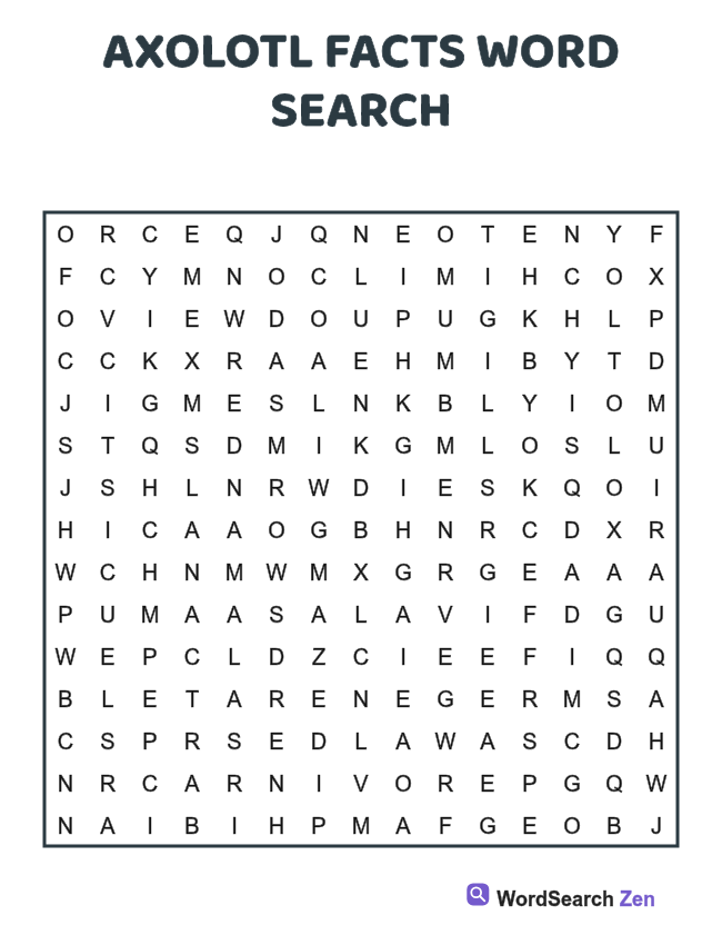 Axolotl Facts Word Search printable puzzle sheet, 15 hidden words