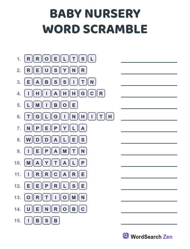 Baby Nursery Word Scramble printable sheet