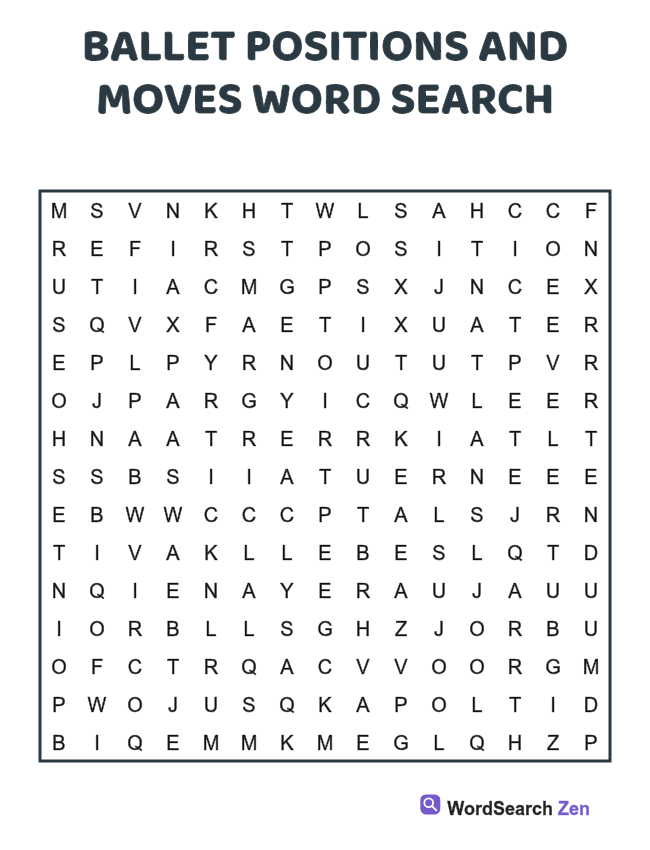 Ballet Positions and Moves Word Search printable puzzle sheet, 15 hidden words