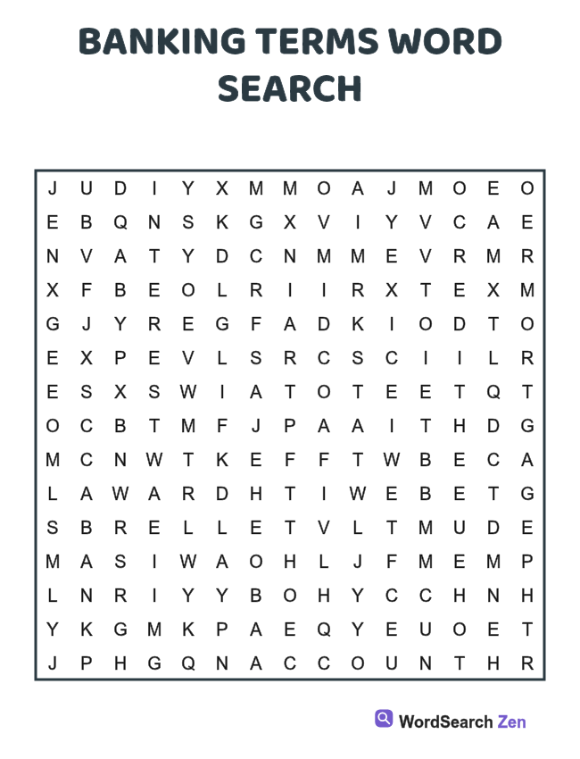 Banking Terms Word Search printable puzzle sheet