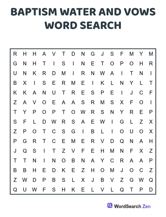 Baptism Water and Vows Word Search printable puzzle sheet, 15 hidden words