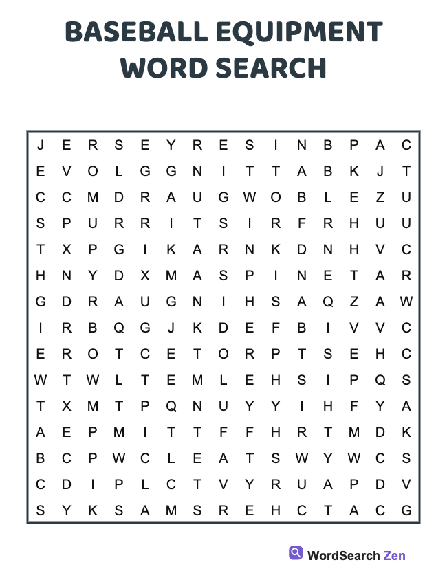 Baseball Equipment Word Search