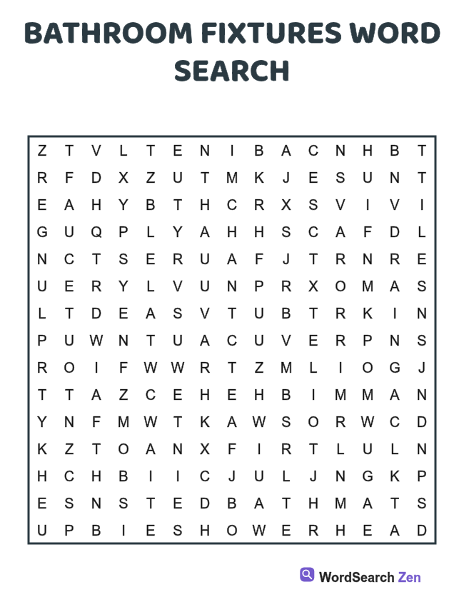 Bathroom Fixtures Word Search printable puzzle sheet