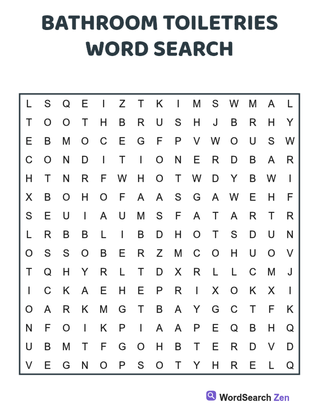 Bathroom Toiletries Word Search printable puzzle sheet