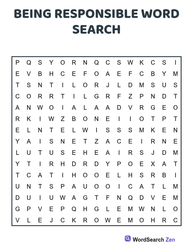 Being Responsible Word Search printable puzzle sheet, 15 hidden words