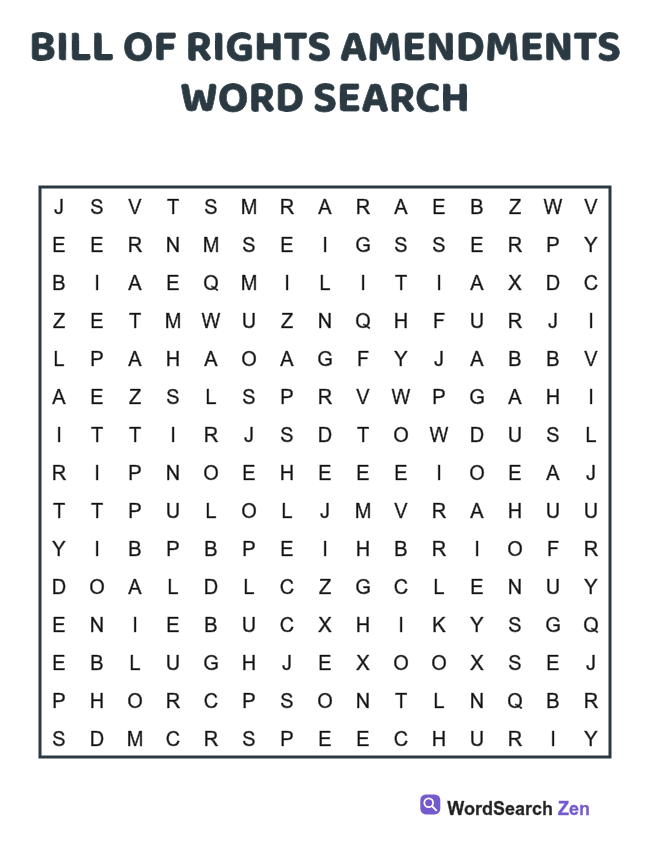Bill of Rights Amendments Word Search printable puzzle sheet
