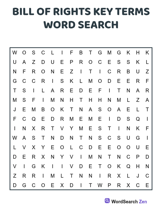 Bill of Rights Key Terms Word Search printable puzzle sheet